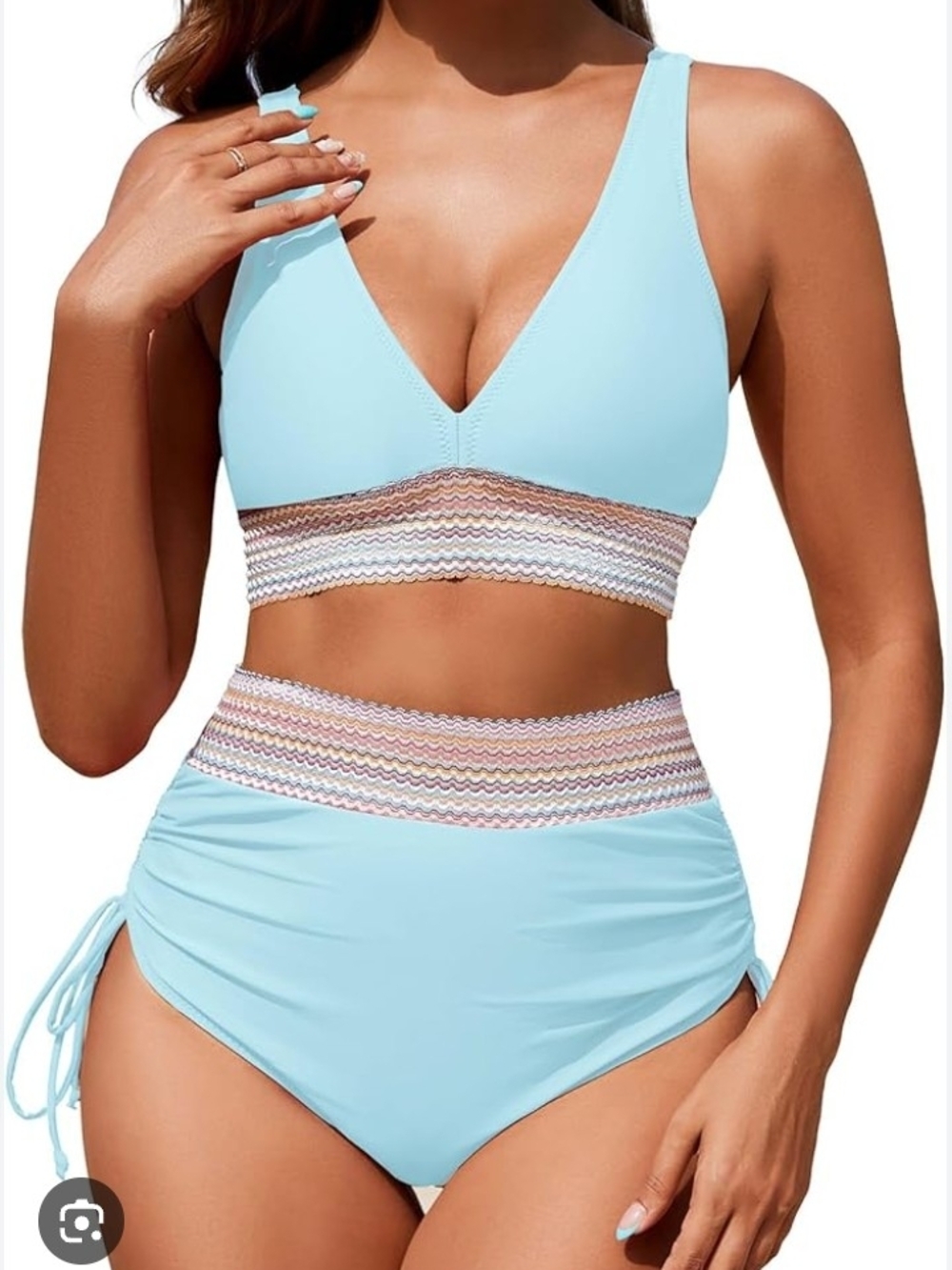 Light Blue High-Waist V-Neck Women's Bikini Set